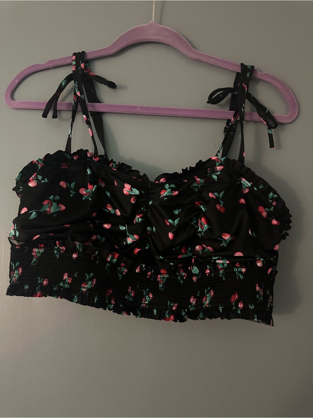 Black Cherry Print Tie-Strap Crop Top